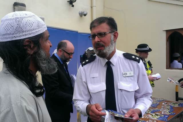 Inspector Inam Khan, the forces equality and diversity officer, speaks to members of Northampton Central Mosque at the recruiting event this afternoon.