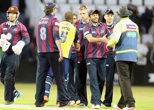 CLOSE, BUT NO CIGAR - the Steelbacks players shake hands with the opposition following the last-ball defeat to Birmingham Bears at the County Ground in May