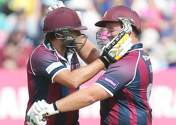 BIG MOMENT - Shahid Afridi and Richard Levi celebrate after the Steelbacks' semi-final win over Birmingham Bears (Pictures: Kirsty Edmonds)