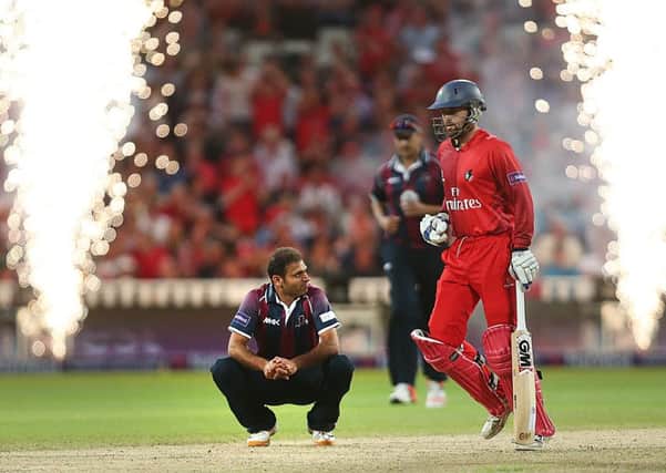 COMING UP SHORT - Muhammad Azharullah shows his disappointment after his final ball had been hit for six by Lancashire's Arron Lilley (Pictures: Kirsty Edmonds)