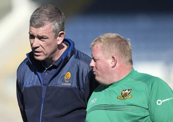 Dorian West (right) chats to Worcester boss Dean Ryan before the friendly at Franklin's Gardens (picture: Kirsty Edmonds)