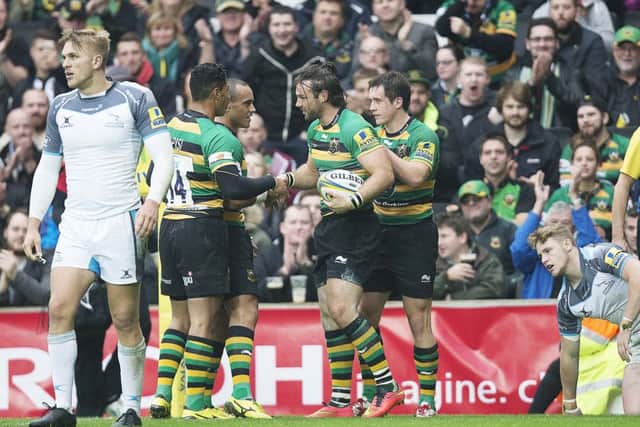Saints celebrate Ben Foden's second try at stadium:mk (picture: Kirsty Edmonds)