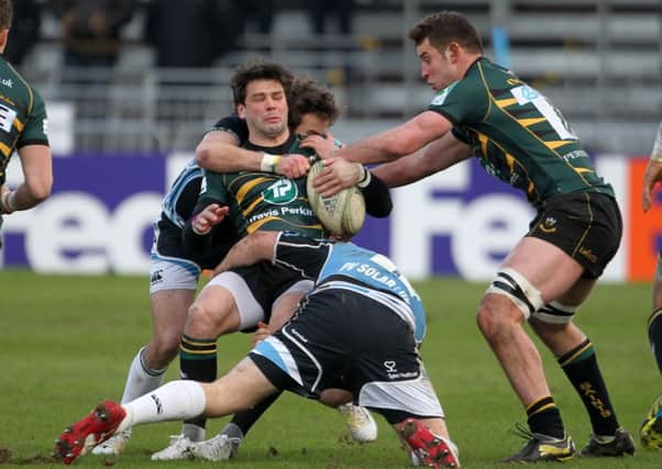Ben Foden and Calum Clark in action during Saints' game at Glasgow in January 2013