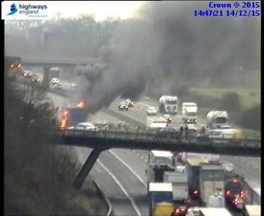 A lorry fire has closed the M1 in Leicestershire. Photo via Highways England NNL-151214-160249001