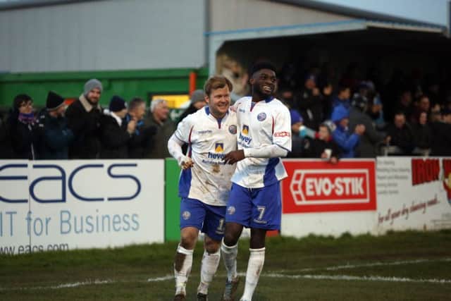 Andy Hall and Shawn Richards celebrate after the former completed his hat-trick in AFC Rushden & Diamonds' 8-1 hammering of North Greenford United. Pictures by Alison Bagley
