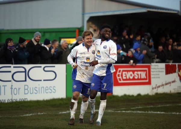 Andy Hall and Shawn Richards celebrate after the former completed his hat-trick in AFC Rushden & Diamonds' 8-1 hammering of North Greenford United. Pictures by Alison Bagley