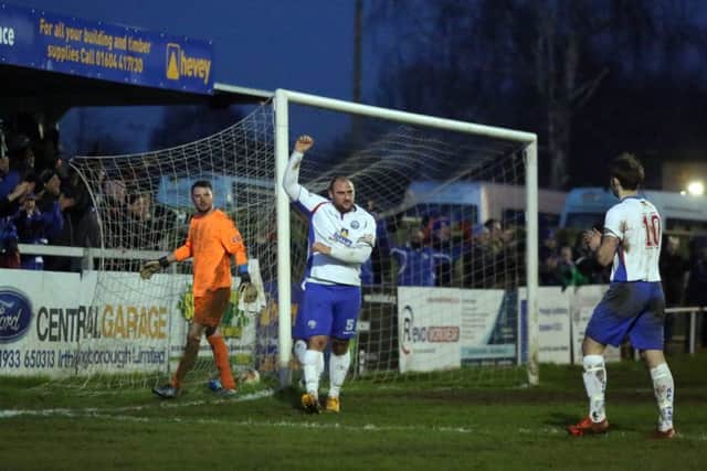Liam Dolman celebrates after scoring AFC Rushden & Diamonds' sixth goal during the 8-1 success over North Greenford United. Picture by Alison Bagley