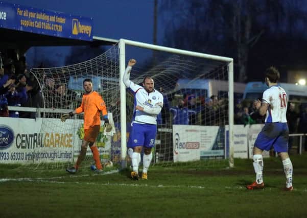 Liam Dolman celebrates after scoring AFC Rushden & Diamonds' sixth goal during the 8-1 success over North Greenford United. Picture by Alison Bagley