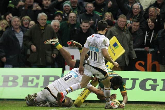 Ahsee Tuala scored an eye-catching try in Saints' win against Wasps at Franklin's Gardens in March, 2015 (picture: Sharon Lucey)