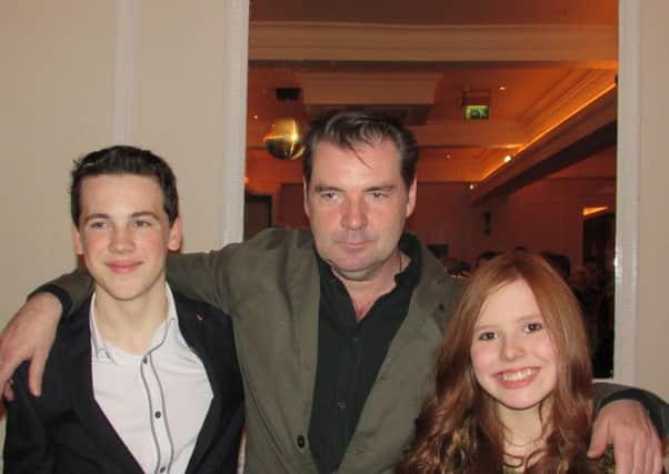Brendan Coyle pictured with classical singers Charlie Botting and the host of 'Singing For Lakelands' Vicki-Louise Sherwin 261014 NNL-141028-UO192658009