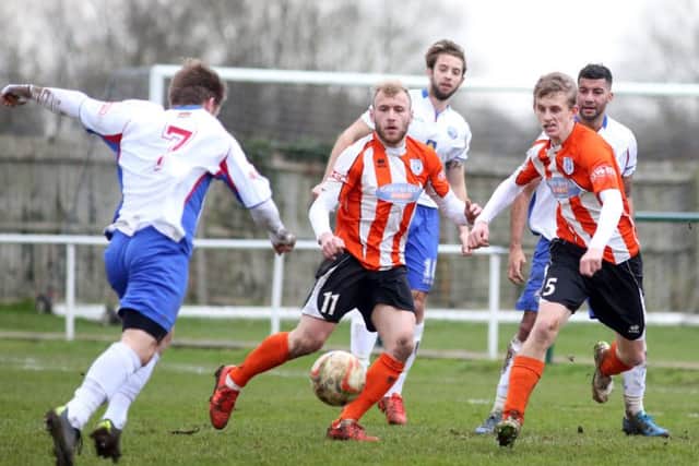 Andy Hall takes aim as he fires home AFC Rushden & Diamonds' first goal against Ware