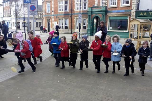 Children from Greenfields Primary School took part in the pancake race.