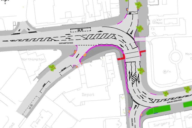 The junction of Northampton Road, Sheep Street and Bowling Green Road, Kettering, with the new crossing marked in red NNL-160502-144751001