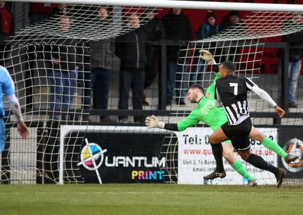 Greg Mills scored this goal and another for Corby Town against Tamworth in November but the Steelmen suffered a 6-2 loss in the FA Trophy. The two sides meet again in the league at Steel Park this weekend