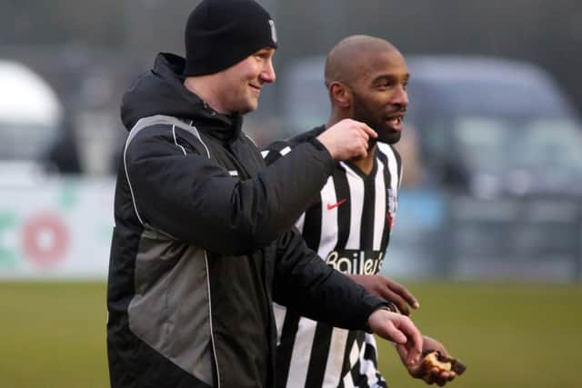 Tommy Wright and Duane Courtney share a joke following the Steelmen's 2-0 success against Tamworth