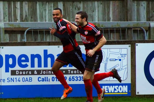 Spencer Weir-Daley celebrates with James Brighton after opening the scoring for the Poppies