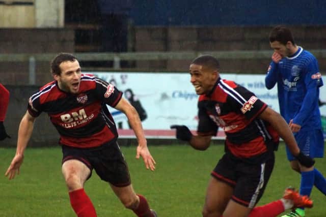 Wilson Carvalho shows his delight after scoring Kettering Town's second goal in the fine 2-0 success at Chippenham Town. Pictures by Peter Short