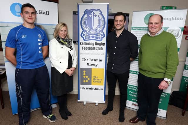 Sponsorship Deal: Kettering: KRFC Bennie Group sponsorship deal assisting the youth teams. l-r Alfie Ayears (Capt Colts),  Emma Ayres (Bennie Group MD), Stephen Myler (Northampton Saints RFC), Andrew Keir (director of youth rugby KRFC)Tuesday February 23 2016 NNL-160223-213817009