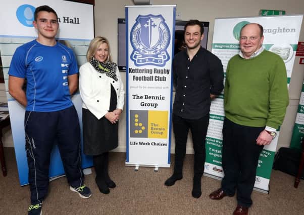 Sponsorship Deal: Kettering: KRFC Bennie Group sponsorship deal assisting the youth teams. 
l-r Alfie Ayears (Capt Colts),  Emma Ayres (Bennie Group MD), Stephen Myler (Northampton Saints RFC), Andrew Keir (director of youth rugby KRFC)
Tuesday February 23 2016 NNL-160223-213817009