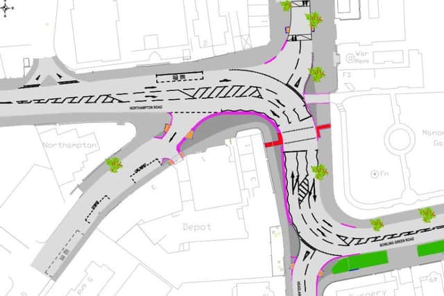 The junction of Northampton Road, Sheep Street and Bowling Green Road, Kettering, with the new crossing marked in red NNL-160502-144751001