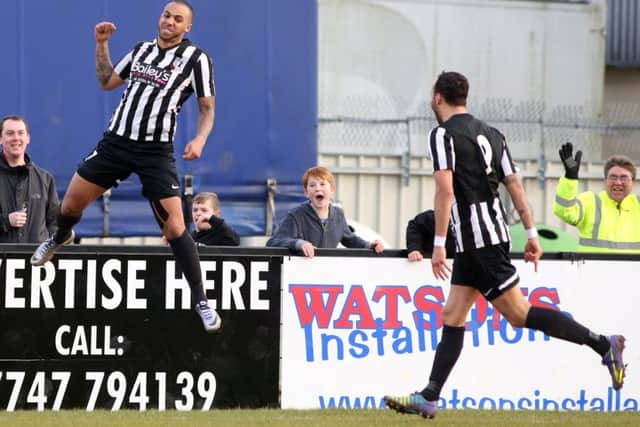 Greg Mills celebrates after he scored the Steelmen's equaliser