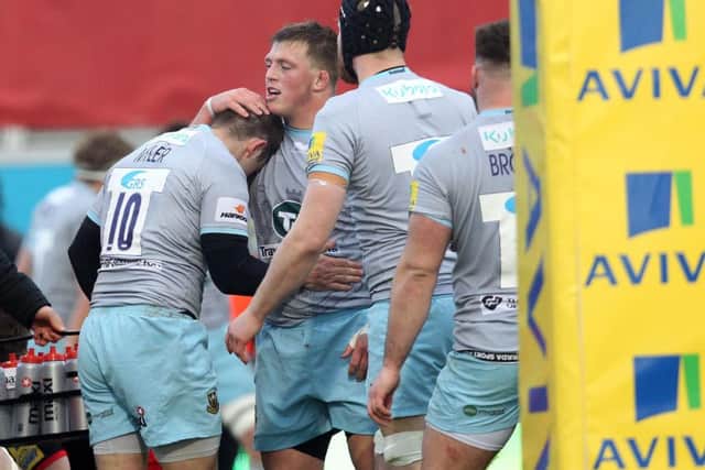 Stephen Myler celebrated a try as Saints beat Saracens on Saturday (picture: Sharon Lucey)