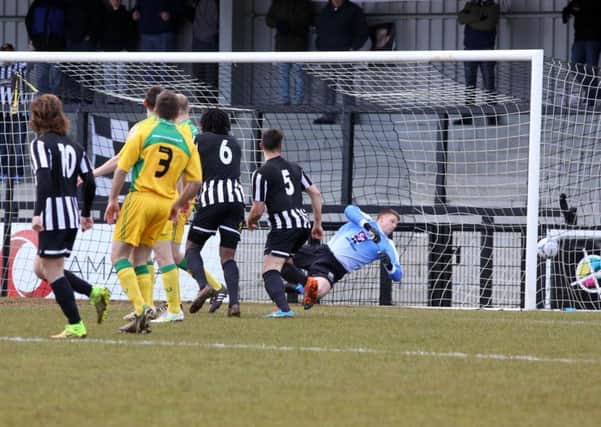 Greg Mills found the net with this effort against North Ferriby United last weekend but Corby Town suffered a 4-1 home defeat. Picture by Alison Bagley