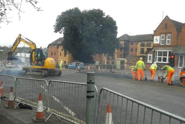 Roadworks at the top of Northampton Road, Kettering, March 2016.