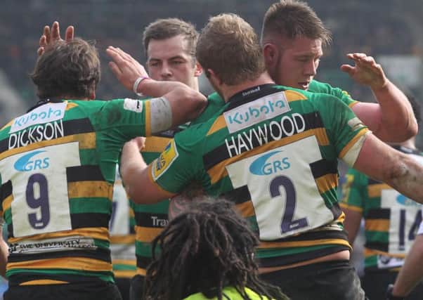 BIG MOMENT - Saints celebrate Mike Haywood's opening try for Saints (Pictures: Sharon Lucey)