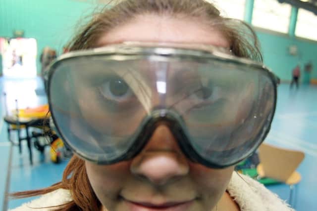 Tresham student Georgia Lack wearing goggles which give the effect of being over the drink-drive limit