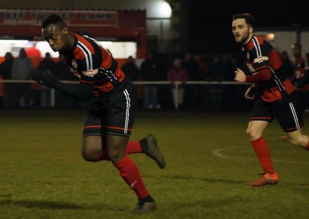 Silvano Obeng celebrates after scoring Kettering Town's second goal in the 2-0 win over Paulton Rovers in midweek. Picture by Peter Short