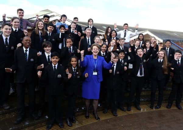 Victoria Bishop and some of the pupils celebrating the school's outstanding Ofsted inspection in January 2015