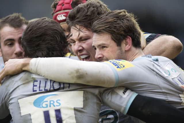 Ben Foden's try sparked wild scenes of celebration among the Saints players at The Stoop last month (picture: Kirsty Edmonds)