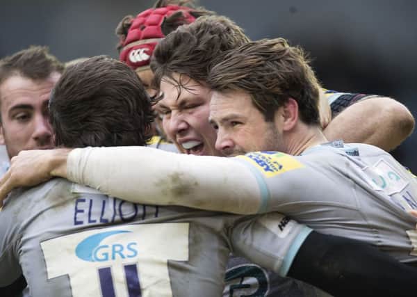 Ben Foden's try sparked wild scenes of celebration among the Saints players at The Stoop last month (picture: Kirsty Edmonds)