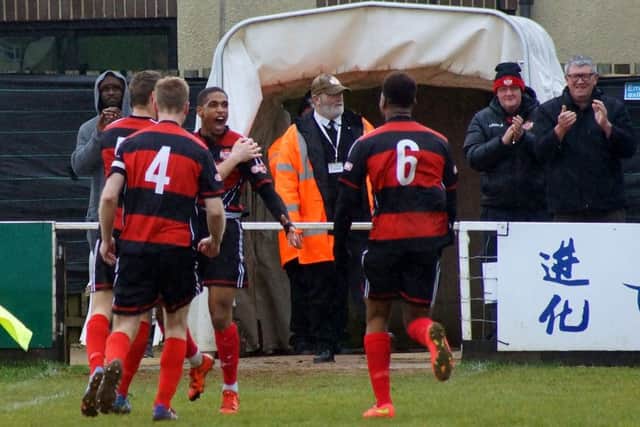 Wilson Carvalho celebrates after scoring the Poppies' goal against Slough Town on Saturday. Pictures by Peter Short