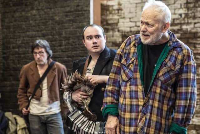 Tom McGovern, Joshua Elliott and Michael Pennington in rehearsals for King Lear