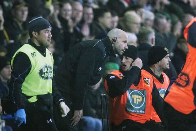 Jim Mallinder headed down to the side of the pitch in an attempt to spur his players on in the defeat to Wasps in January (picture: Kirsty Edmonds)
