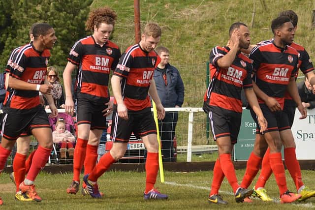 Kettering Town celebrate after Spencer Weir-Daley scored during the 1-1 draw with Hitchin Town last weekend. Picture by Jim McAlwane
