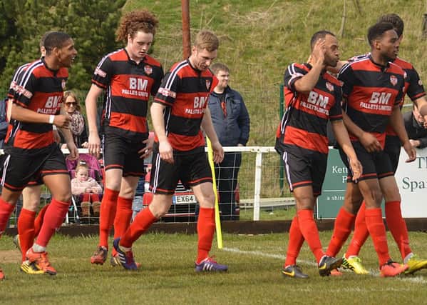 Kettering Town celebrate after Spencer Weir-Daley scored during the 1-1 draw with Hitchin Town last weekend. Picture by Jim McAlwane