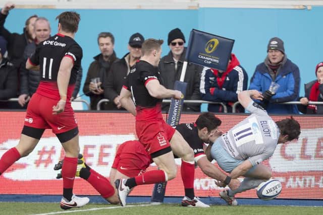 Jamie Elliott saw the ball squirm out of his grasp as he looked to score during the first half (picture:s: Kirsty Edmonds)