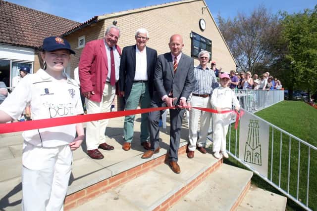 New Clubhouse: Geddington: Cricket Club new pavilion/clubhouse attached to the village hall. l-r Lauren Mackie, 10, David Reynolds (funder),  David Steele, Gavin Warren (Chairman NCCC), Jim Harker, Hannah McDade, 9, Sunday 08 May 2016 NNL-160805-161029009