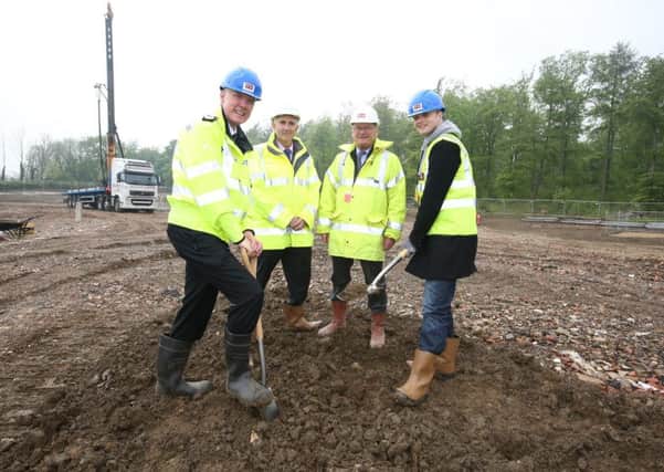 Northants Police Chief Constable Simon Edens, architect Andrew Robinson, Robert Kirkland, group managing director of Bowmer Kirkland and outgoing police and crime commissioner Adam Simmonds at the groundbreaking ceremony for the Northern Accommodation Hub and Police Investigation Centre at the site in Cherry Hall Road, on the North Kettering Business Park. Wednesday, May 11, 2016