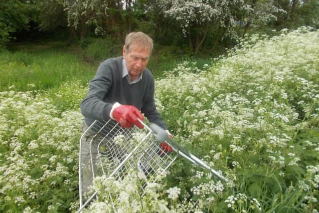 Cllr Jackson fishing a shopping trolley out of the moat at Saffron Road Rec in Higham Ferrers