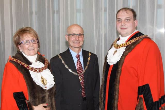 Corby's new mayor Julie Riley, her consort and husband Bob Riley, and deputy mayor Matt Keane. NNL-160527-114507001