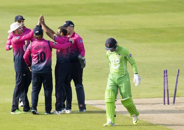 Muhammad Azharullah bowled Alviro Petersen early in the Lancashire reply (pictures: Kirsty Edmonds)
