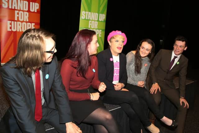 Eddie Izzard at Corby Business Academy on his Stand Up For Europe tour to encourage young people to vote in the EU referendum