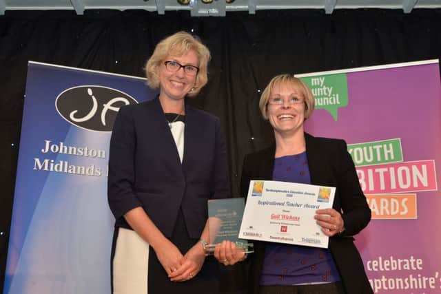 Sue Knox of Wellingborough School presents the Inspirational Teaching Award to Gai Wickens of Rushden Academy.PICTURE: ANDREW CARPENTER