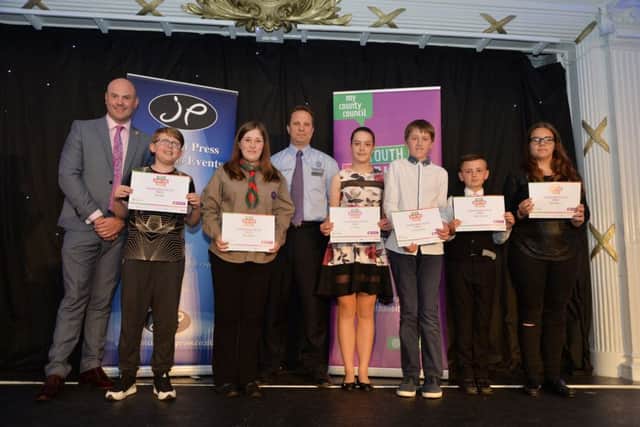 Val Rogers of Centurion presents the finalists with their Young Role Model of the Year certificates with Councillor Matthew Golby.
PICTURE: ANDREW CARPENTER