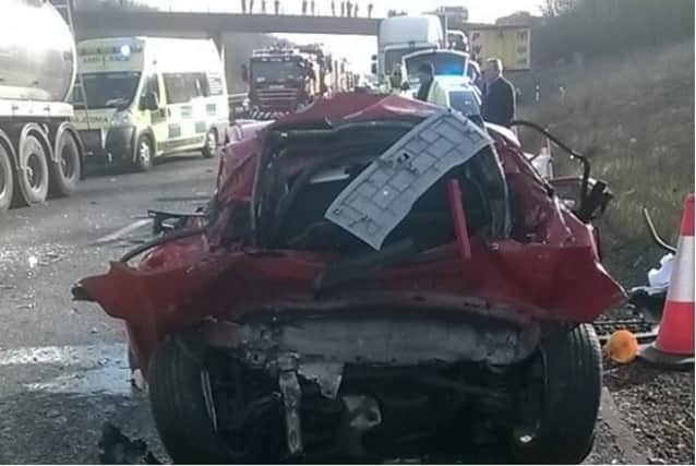 Five vehicles were damaged after a lorry driver failed to notice traffic was stationary on the A14 in Northamptonshire