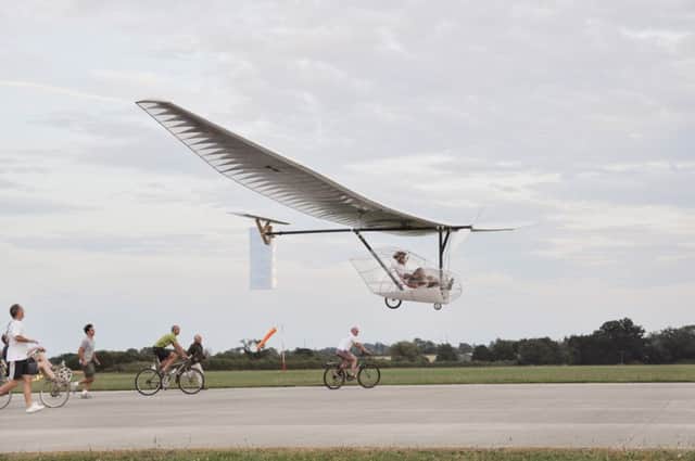 The Betterfly in flight. The craft is set to take part in the Icarus Cup this weekend, a competition which seeks to find the best human powered aircraft.